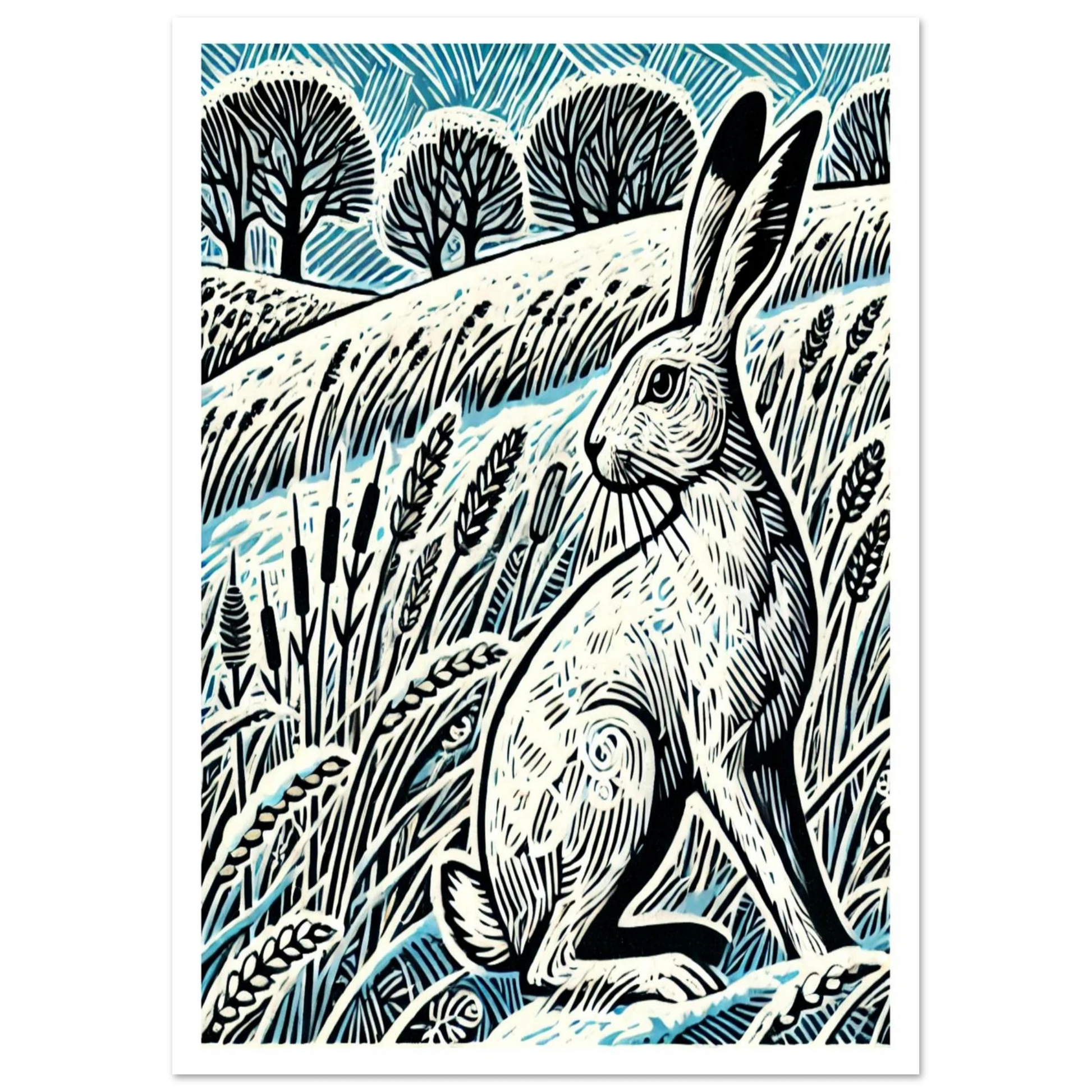 Linocut-inspired print of a white hare in a snowy countryside setting. Calm, simple, and full of winter atmosphere.