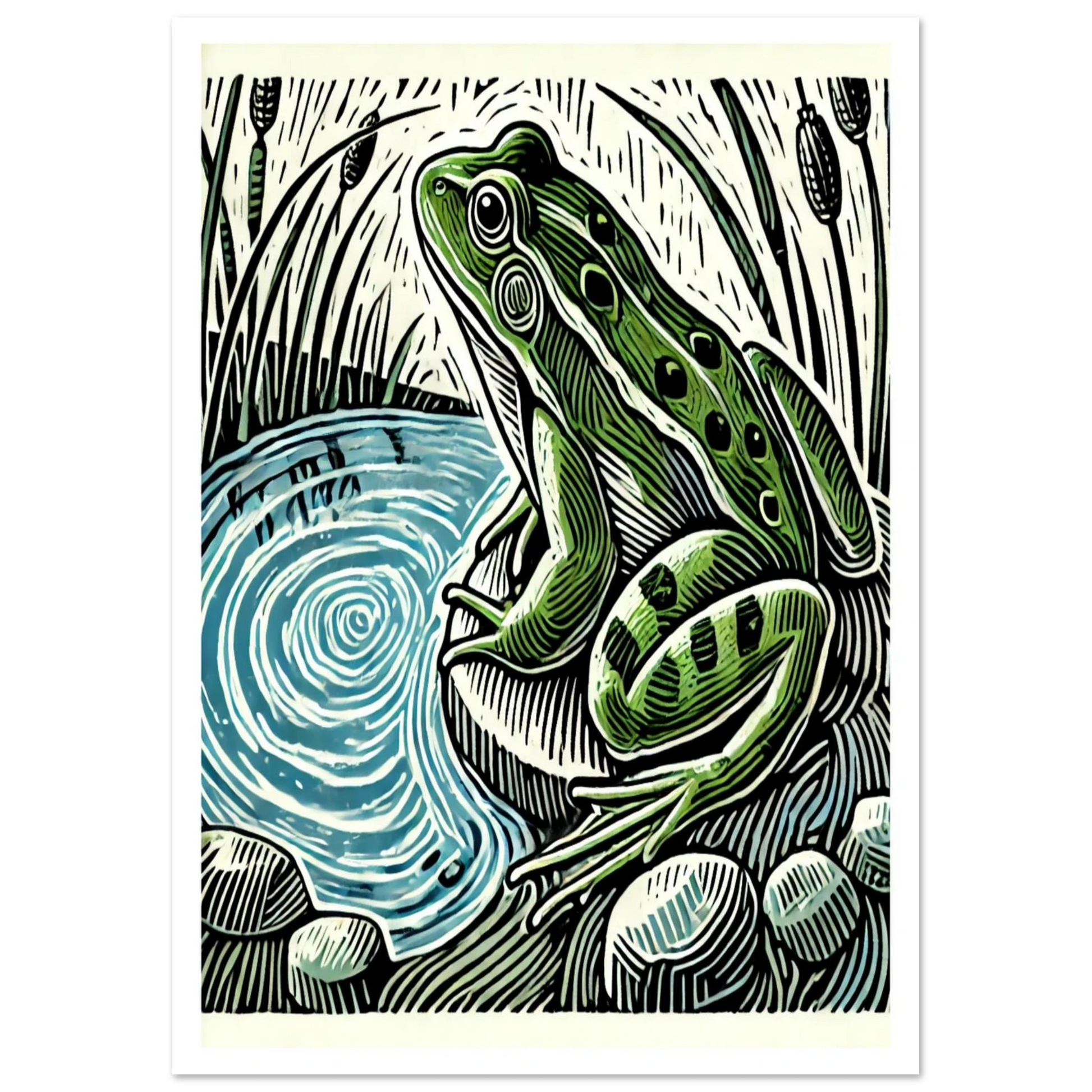 Linocut-inspired wildlife art print of a green frog by a pond, with detailed ripples and plant life.