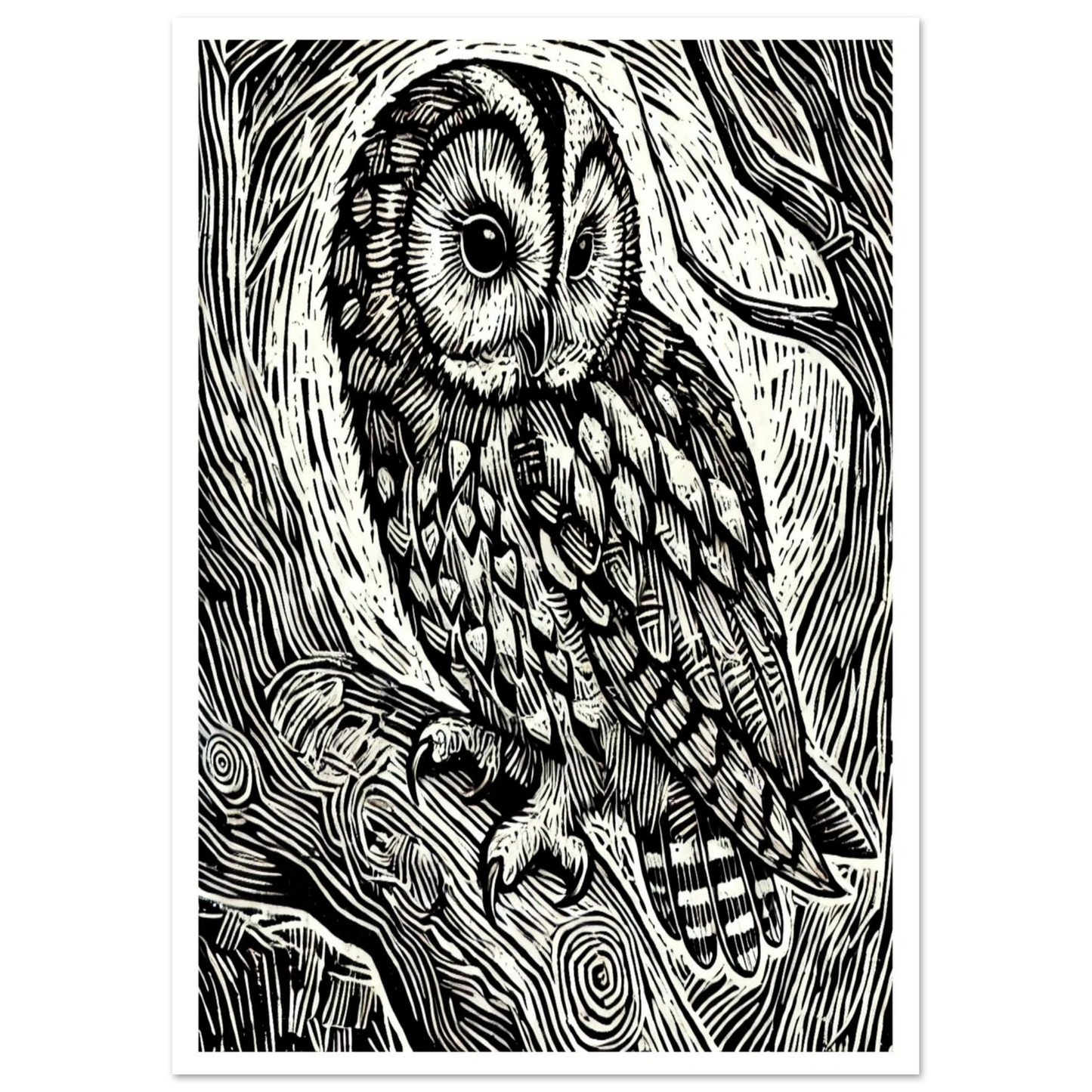 The Tawny Owl is brought to life in this richly textured artwork, with fine feather detail and a striking gaze.