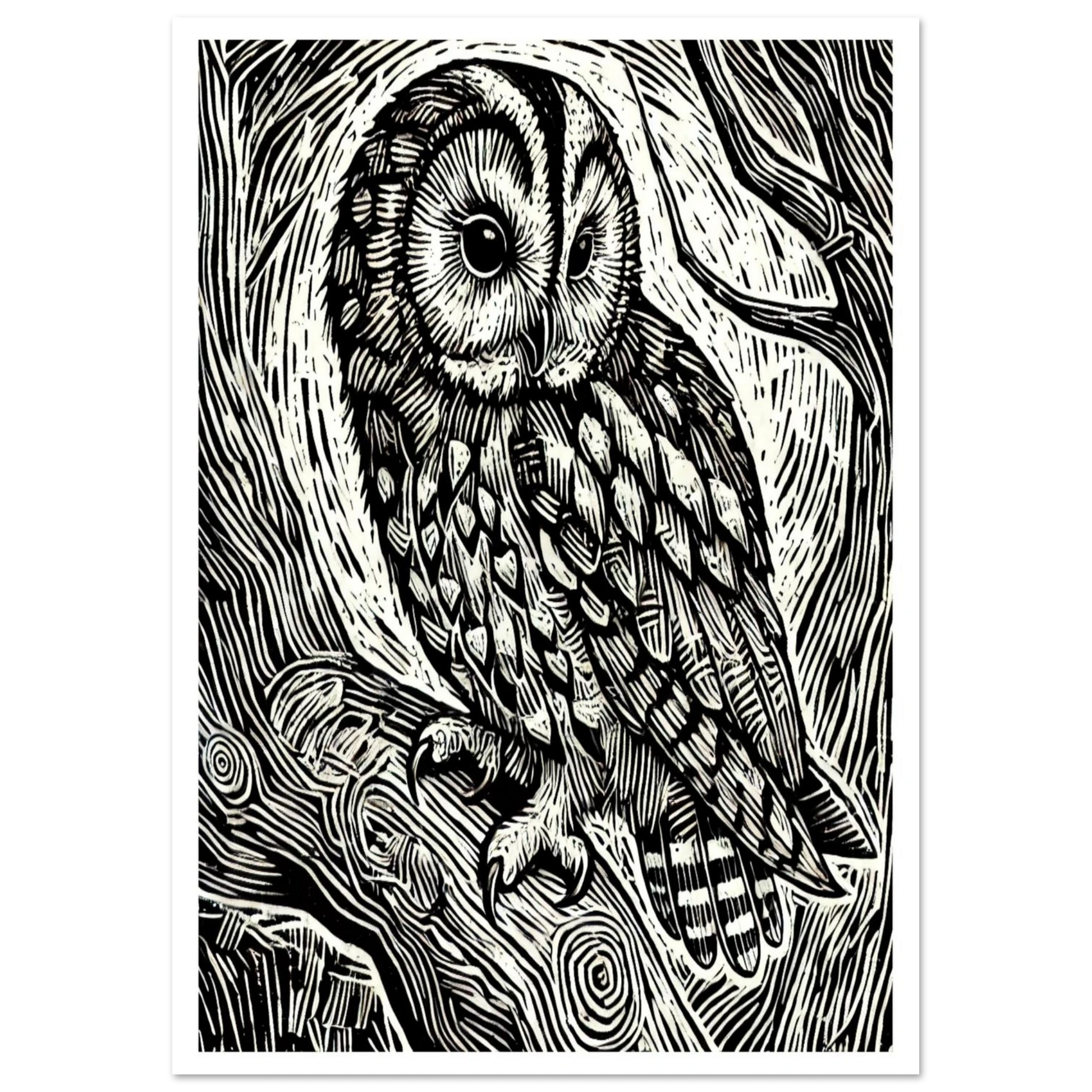 The Tawny Owl is brought to life in this richly textured artwork, with fine feather detail and a striking gaze.
