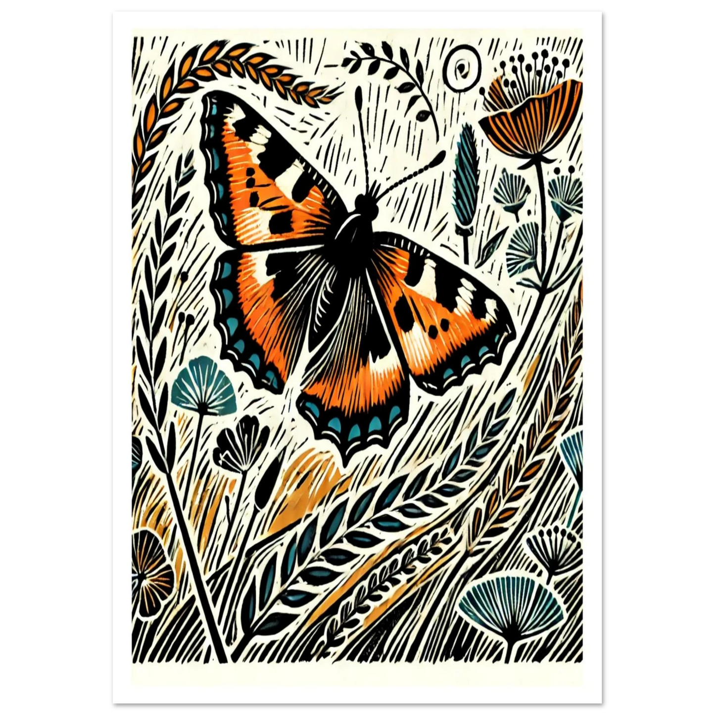 This lively linocut-style artwork captures the colourful Small Tortoiseshell, one of Britain’s most loved butterflies. Surrounded by meadow grasses and wild blooms,