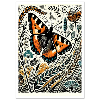 This lively linocut-style artwork captures the colourful Small Tortoiseshell, one of Britain’s most loved butterflies. Surrounded by meadow grasses and wild blooms,