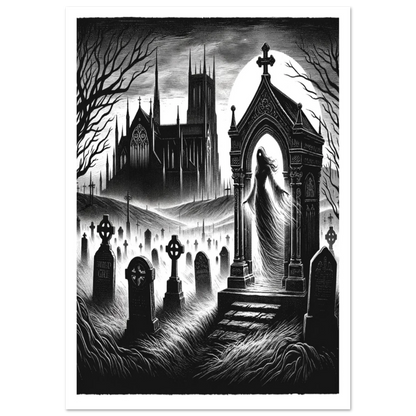 Gothic print of ghostly women in churchyard lino cut style