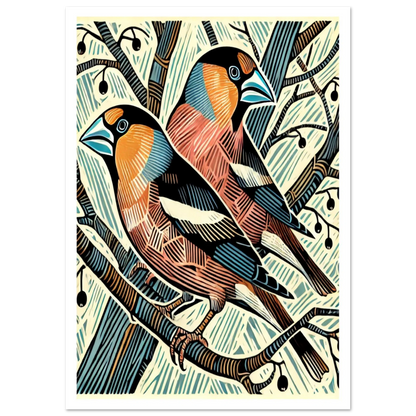 Rare and beautiful, the two Hawfinchs iare captured here in rich colour and fine detail. Perched among skeletal trees with hints of berries,