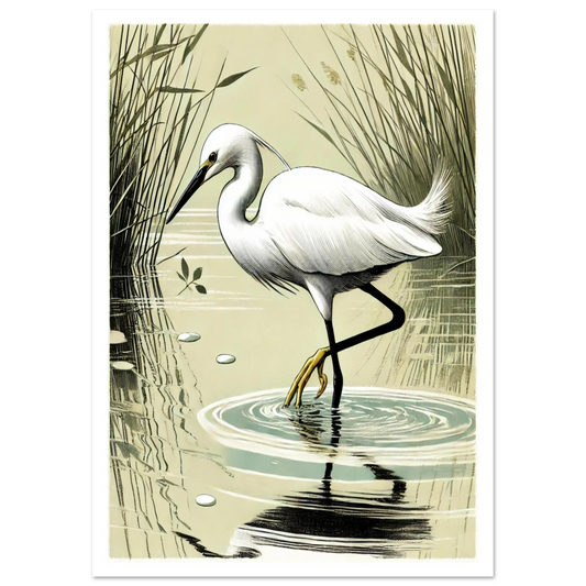 Egret Fishing captures the quiet elegance of a white egret wading through reeds and shallow water. In linocut-inspired detail, this artwork highlights grace, balance, and natural beauty.