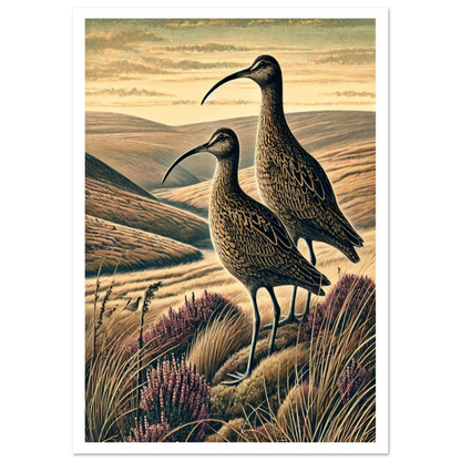 A detailed linocut-inspired print of two curlews standing in open moorland, evoking the wide spaces of the British uplands.
