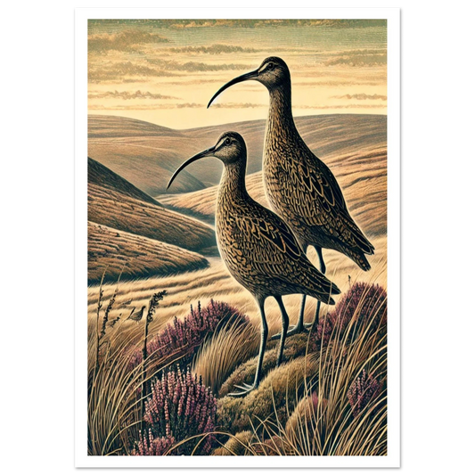 A detailed linocut-inspired print of two curlews standing in open moorland, evoking the wide spaces of the British uplands.