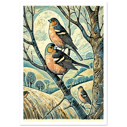 This detailed linocut-style print shows a pair of Chaffinches perched in a lively hedgerow, with sweeping countryside in the background.