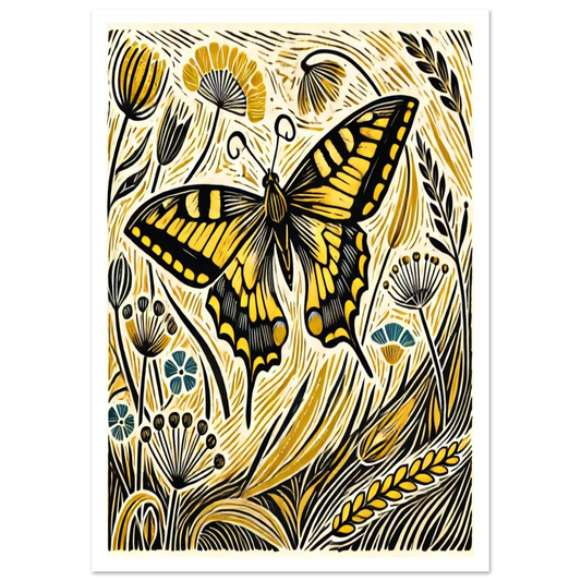 With bold yellow wings edged in black, the Swallowtail is Britain’s largest butterfly. This detailed print celebrates its beauty in a swirl of wildflowers and grasses, capturing the drama and delicacy of the natural world.