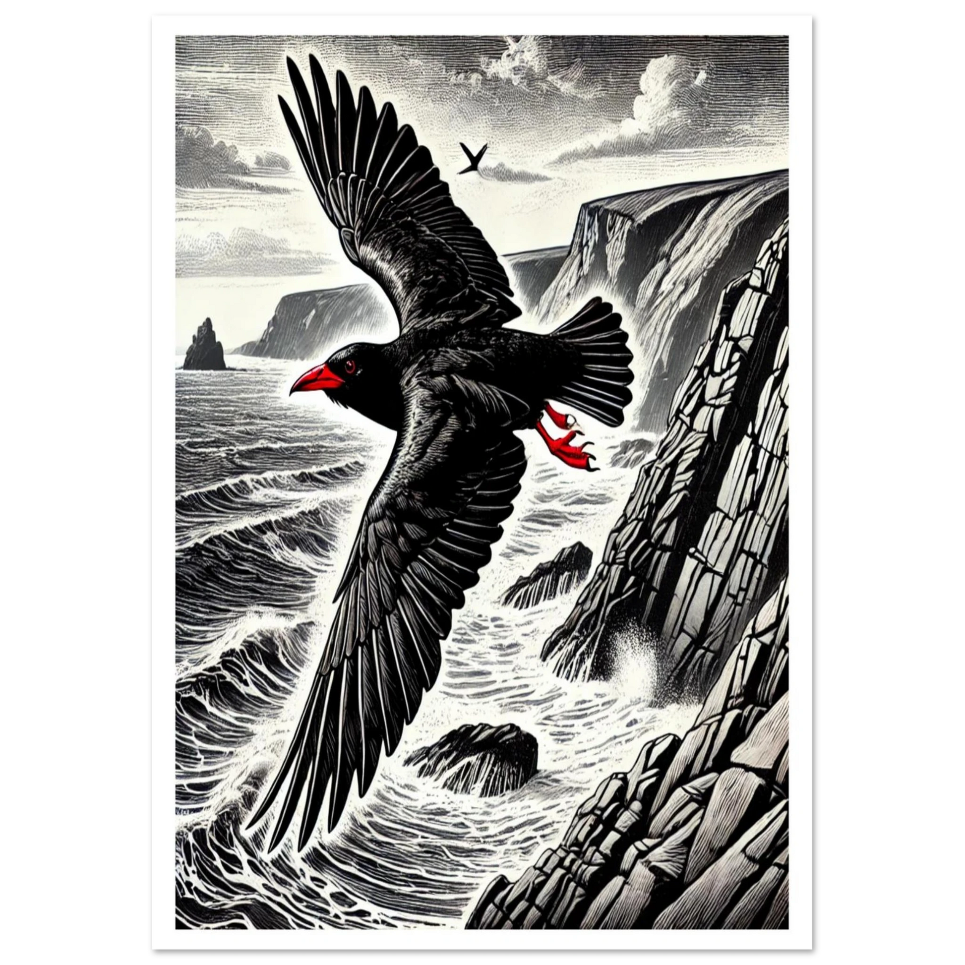 Though flying over sea and cliffs in lino cut style