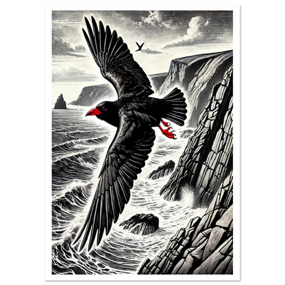 Though flying over sea and cliffs in lino cut style