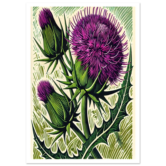 With vibrant textures and strong colour contrasts, this Thistle print captures the resilience and beauty of a plant long celebrated in folklore and symbolism