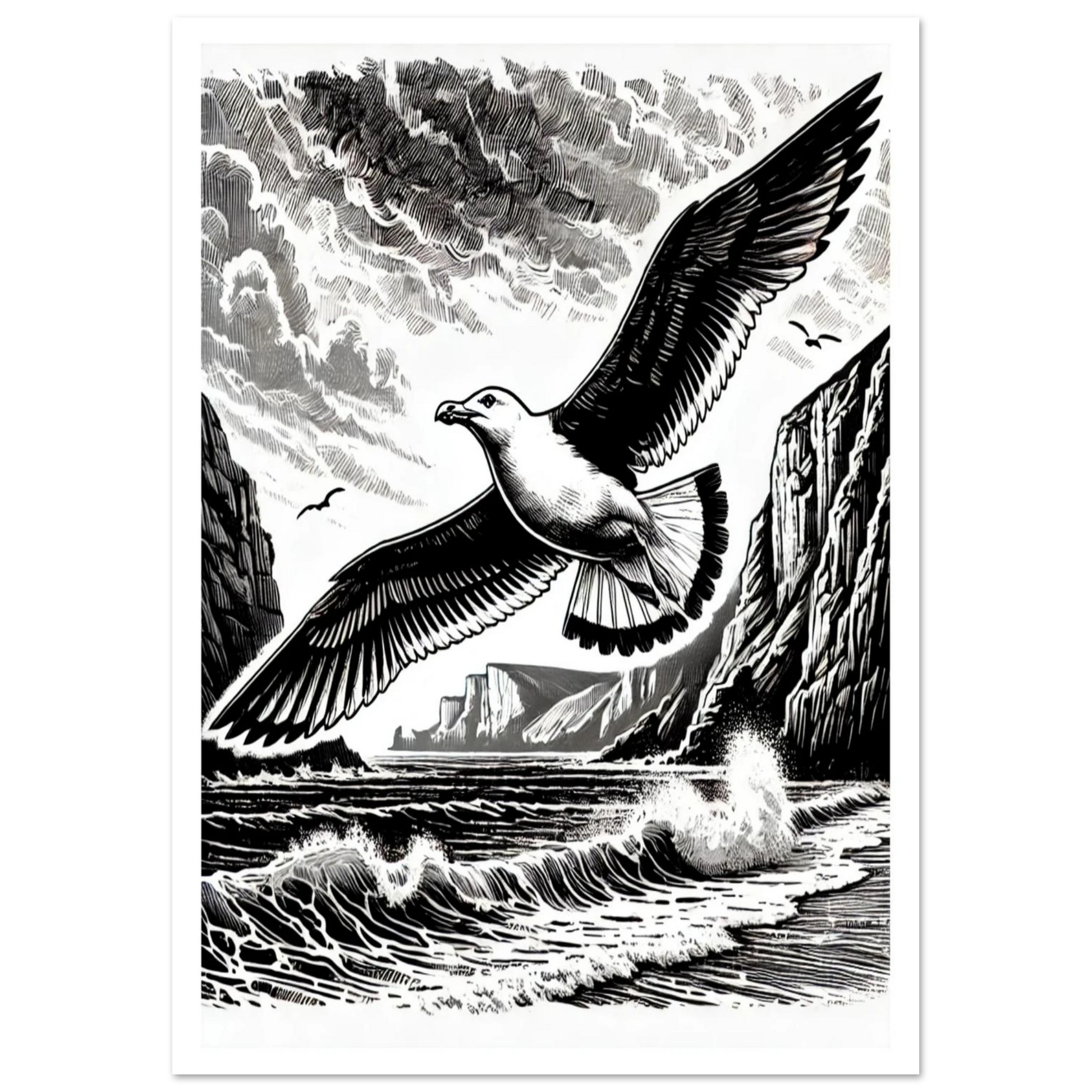 Gull in flight over sea and cliffs in lino cut style