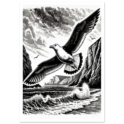 Gull in flight over sea and cliffs in lino cut style