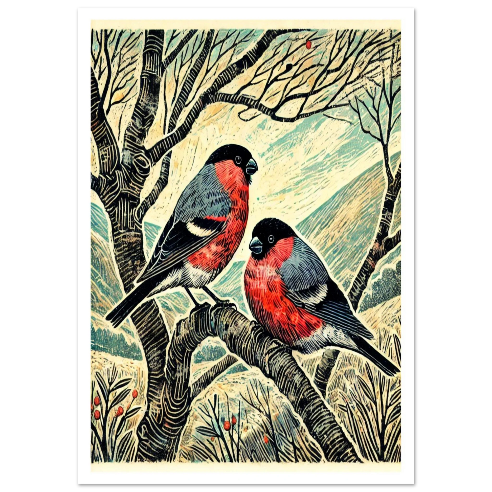 With their brilliant red plumage against soft winter skies, these two Bullfinches in a tree bring warmth and brightness to the coldest season.