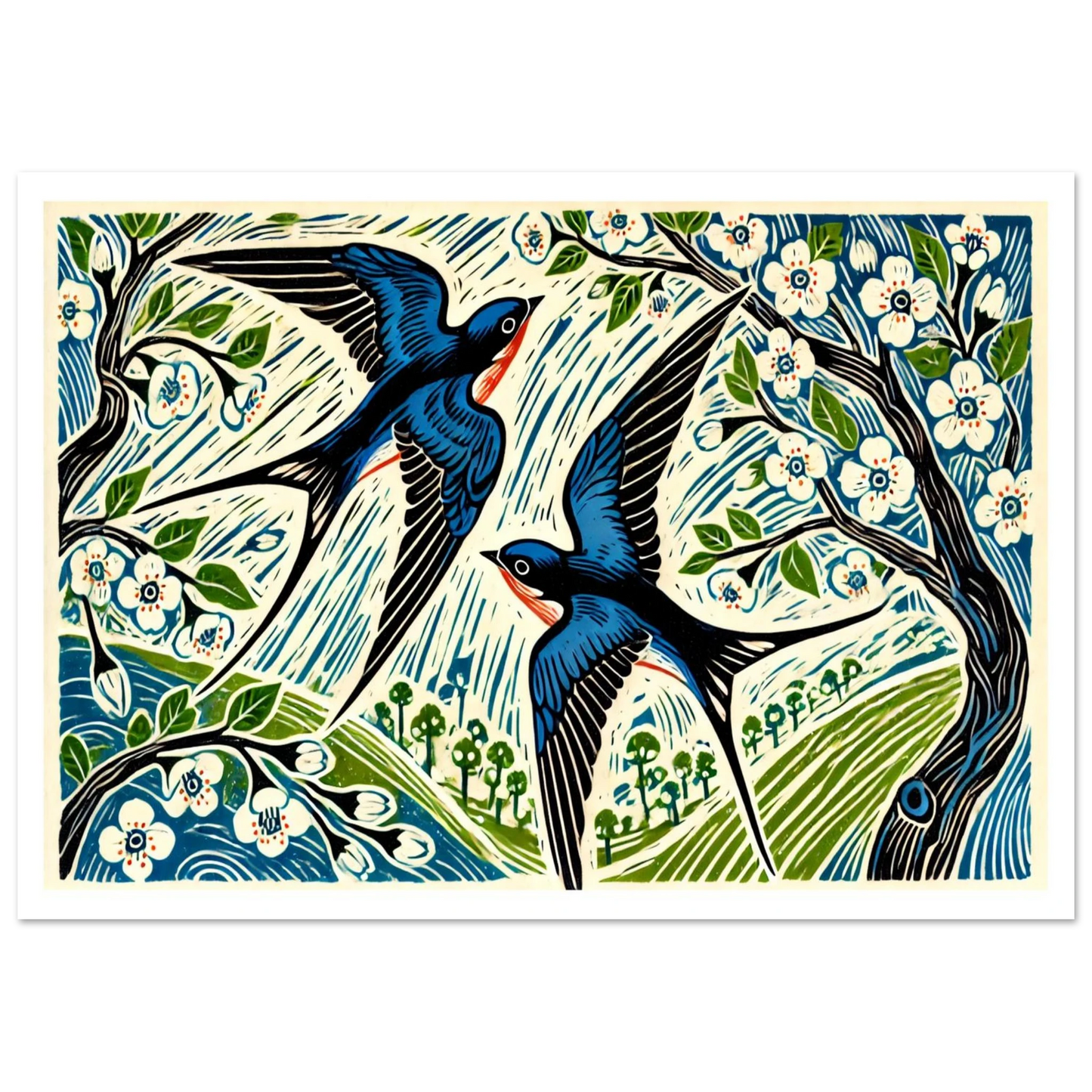 Swallows in Spring is a joyful wildlife print in linocut style, showing two swallows darting between blossoming branches. Perfect for celebrating renewal and countryside charm.