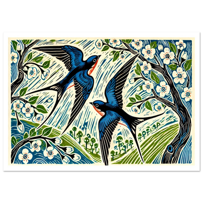 Swallows in Spring is a joyful wildlife print in linocut style, showing two swallows darting between blossoming branches. Perfect for celebrating renewal and countryside charm.