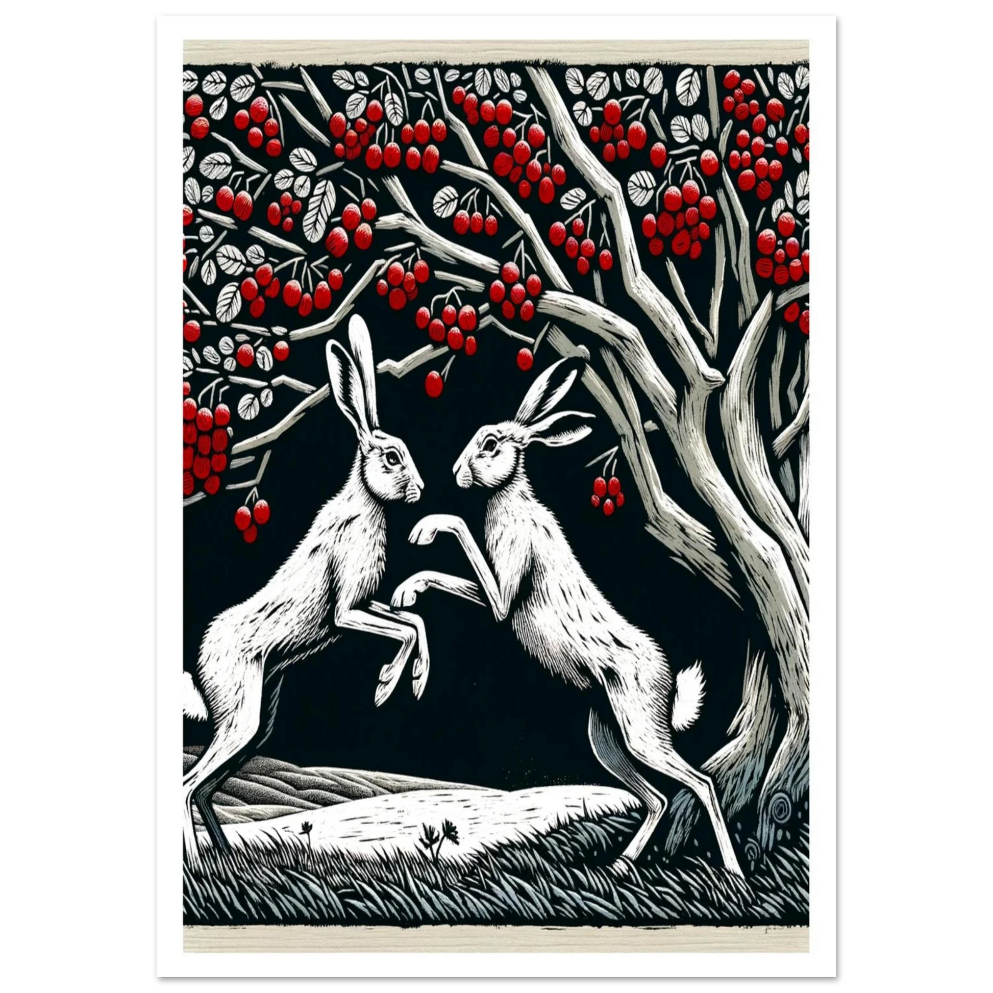 Two White Hares Boxing under a red berry tree