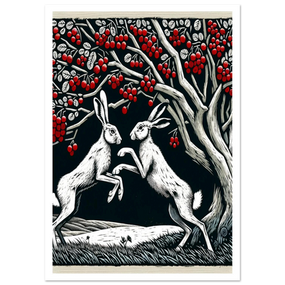 Two White Hares Boxing under a red berry tree