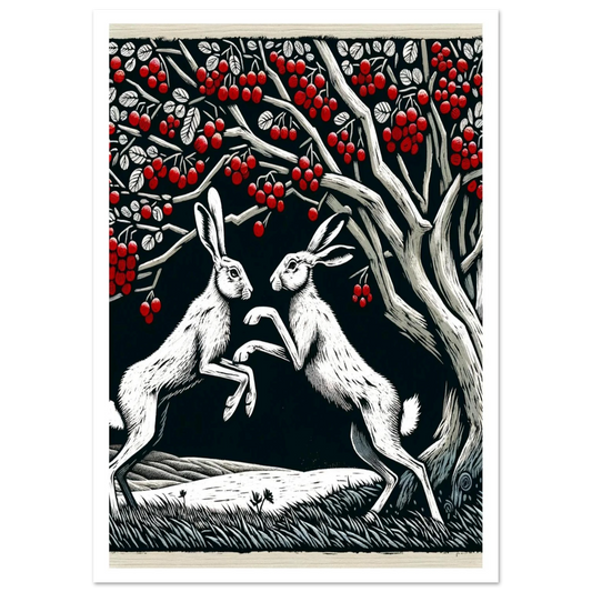Two White Hares Boxing under a red berry tree