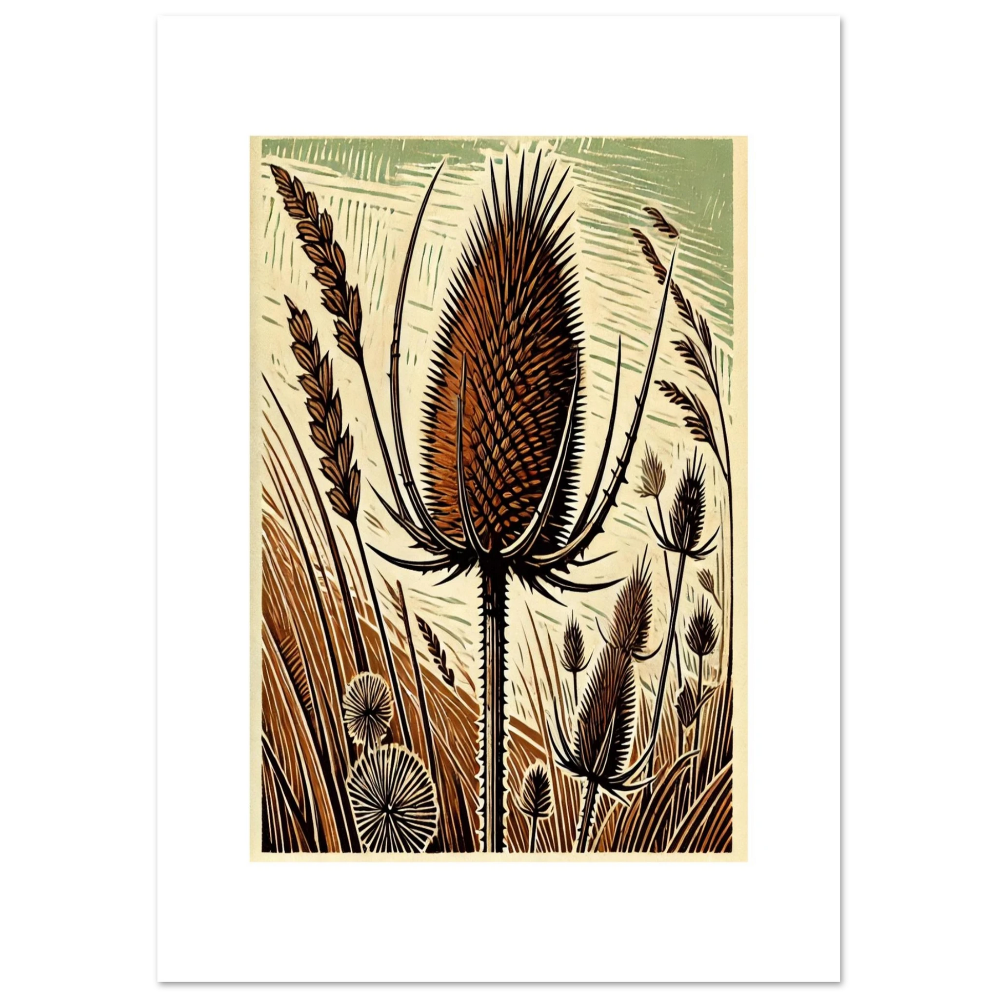 Once used in traditional weaving, the Teasel is an iconic wild plant, loved for its bold form and spiky character. This artwork highlights its sculptural presence against soft natural tones 