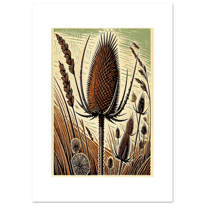 Once used in traditional weaving, the Teasel is an iconic wild plant, loved for its bold form and spiky character. This artwork highlights its sculptural presence against soft natural tones 
