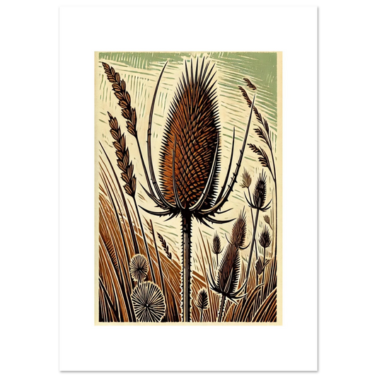 Once used in traditional weaving, the Teasel is an iconic wild plant, loved for its bold form and spiky character. This artwork highlights its sculptural presence against soft natural tones 