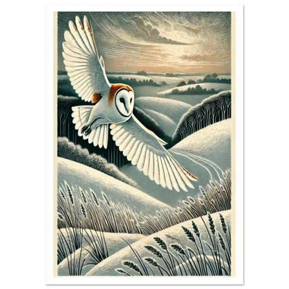 Linocut-style art print of a barn owl in flight across snowy hills at dusk. A graceful and timeless countryside scene.

