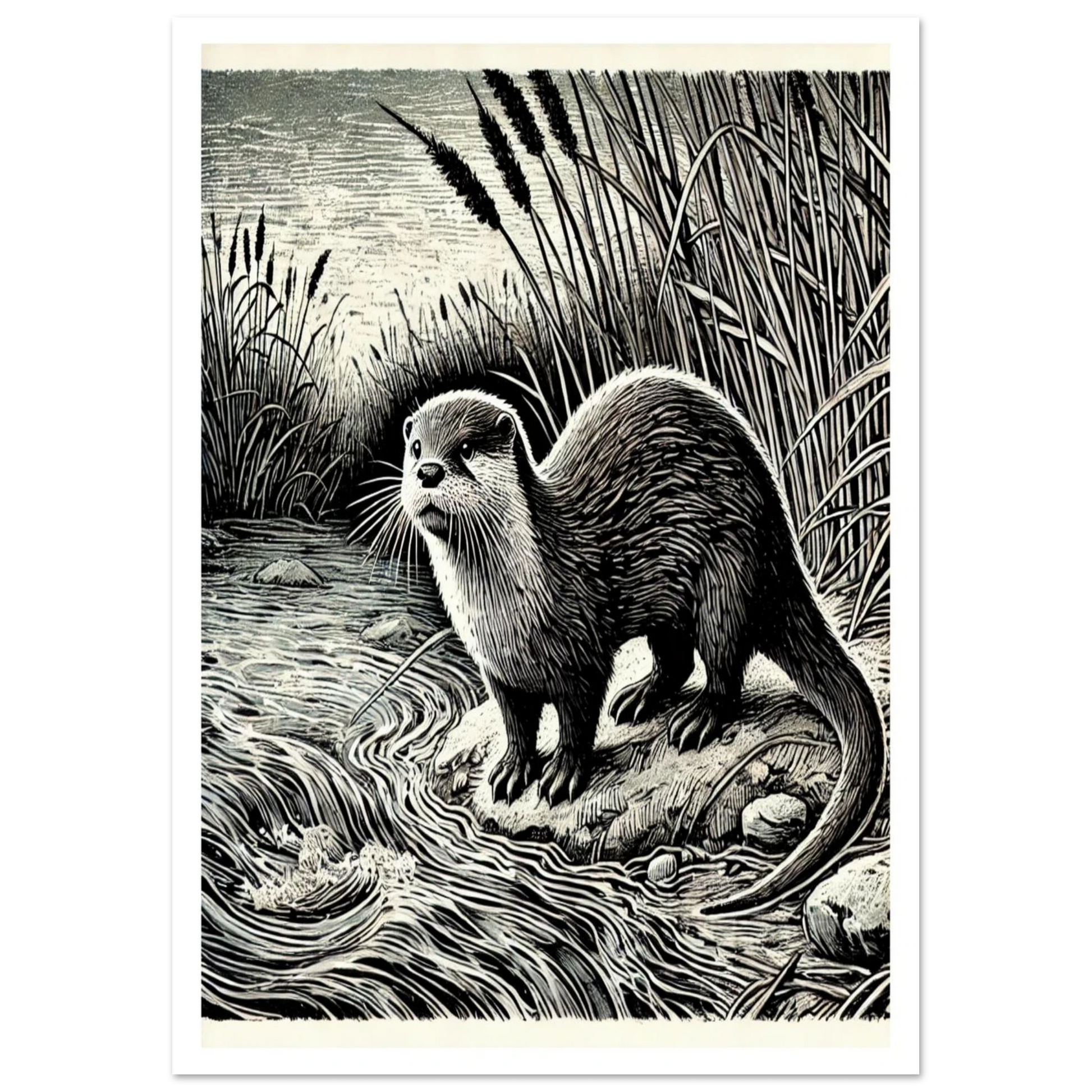 Otter by River in black and white lino cut stye