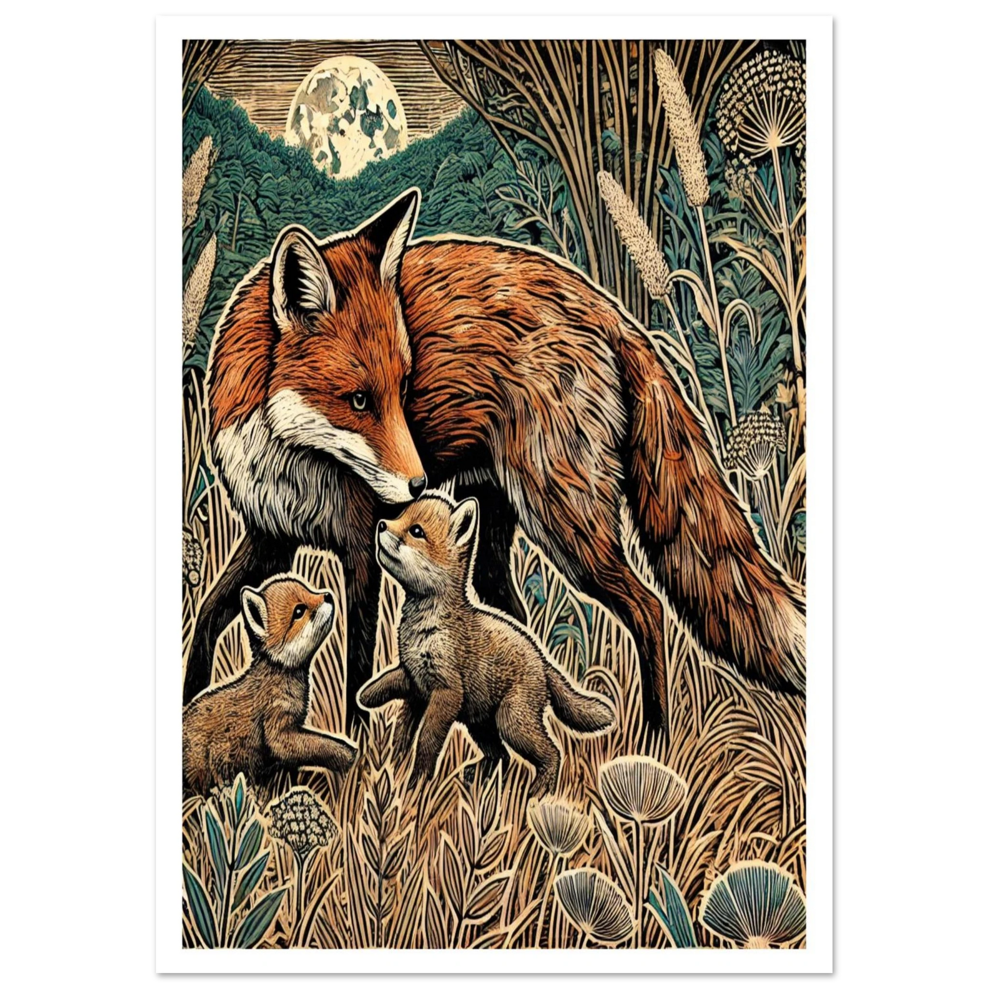 Fox Vixen with Cubs is a beautifully detailed wildlife print in linocut style. The mother fox, surrounded by her playful cubs, rests among wildflowers under the moonlight.