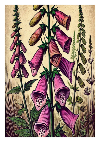 With striking colour and fine carved detail, this artwork celebrates the Foxglove, a classic flower of British woodlands and cottage gardens. Its towering presence and folklore associations make it a captivating piece for any collection