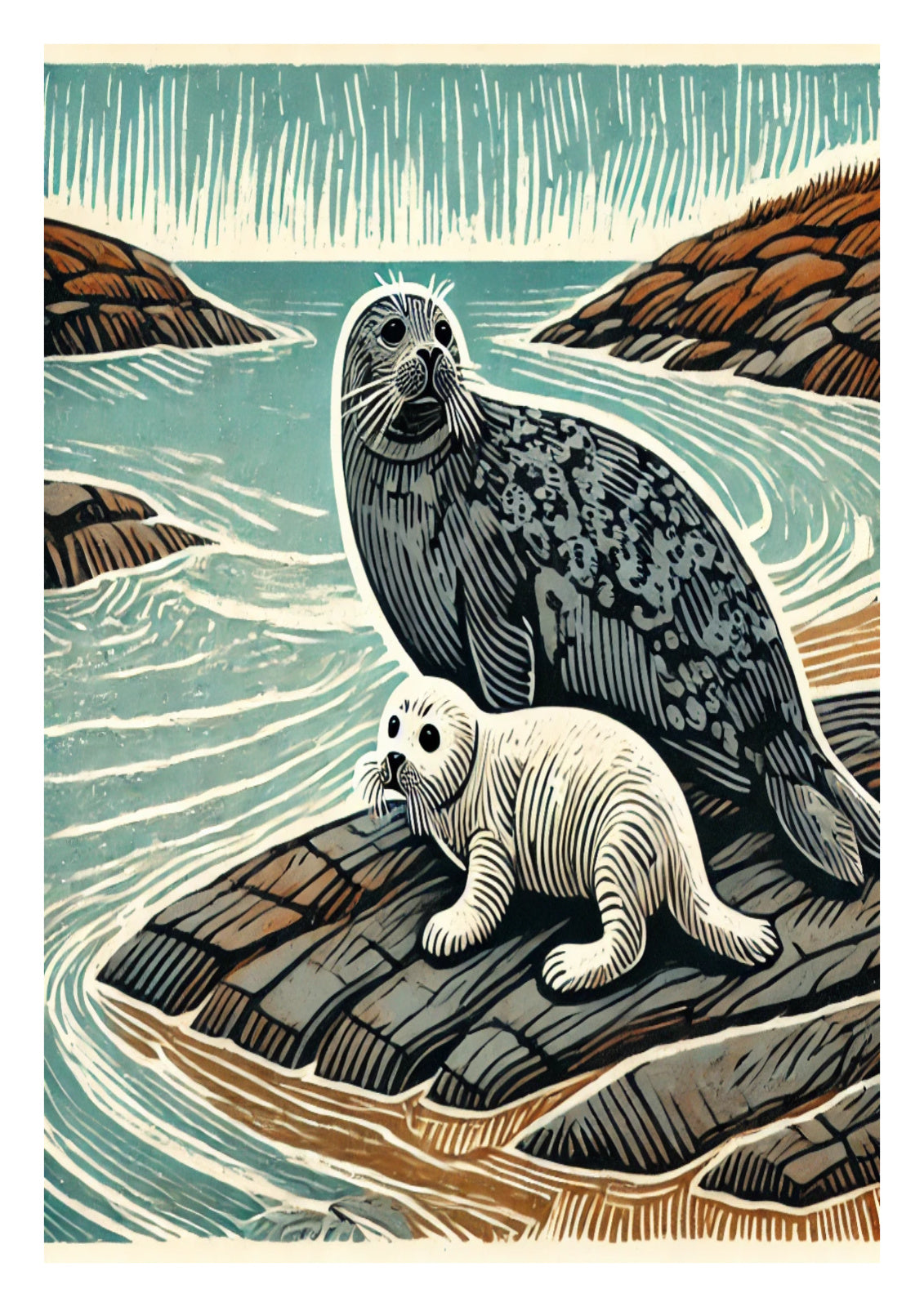 Grey Seal and Pup captures the gentle bond between mother and pup, set against rugged coastlines and rolling tides. In linocut style, it celebrates the beauty of British marine life.