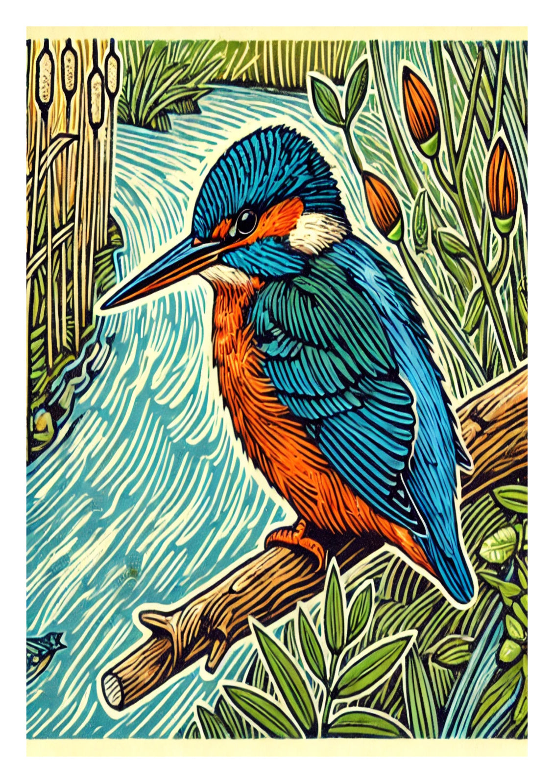 Kingfisher on Branch by River is a vibrant wildlife print showing one of Britain’s most iconic birds in striking linocut style. With bright blue and orange tones, it brings energy to any space.