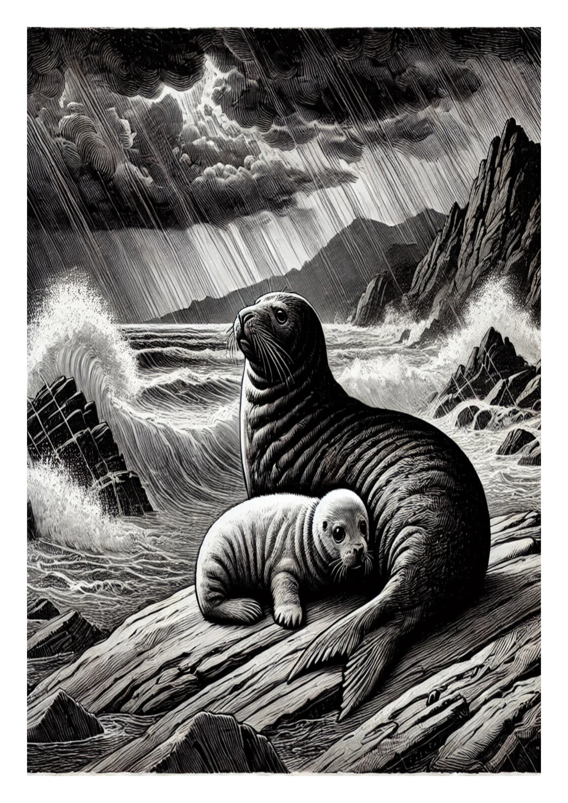 Two seals mother and pup sheltering on a rocky outcrop with a stormy sea and sky in the background