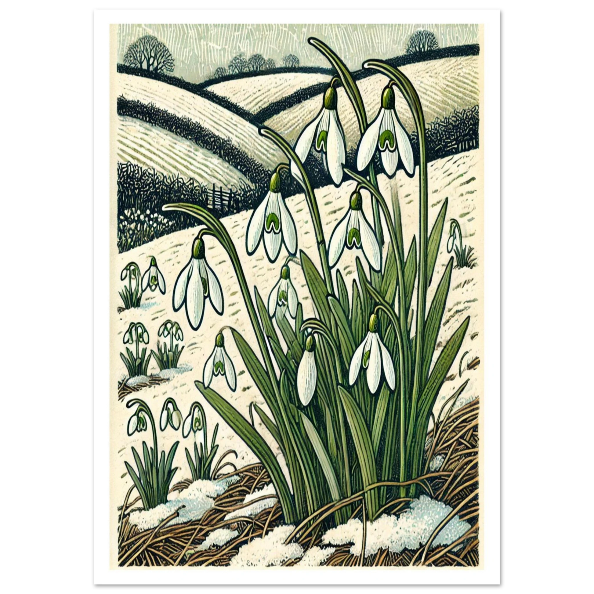 Among frosty hillsides, clusters of Snowdrops push through the snow — a symbol of hope and renewal. This artwork’s fine detail and soft winter palette make it a timeless piece,
