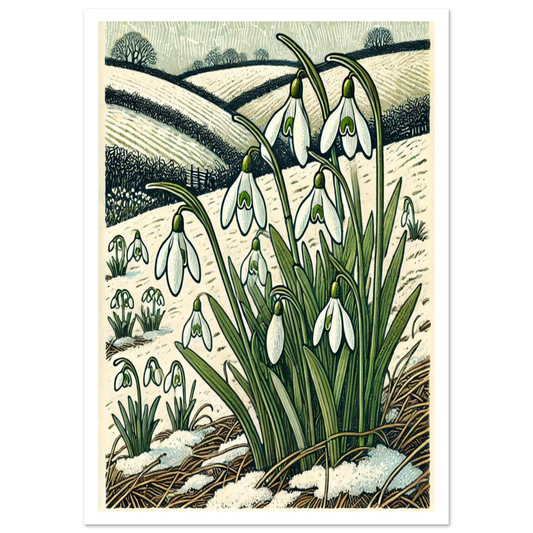 Among frosty hillsides, clusters of Snowdrops push through the snow — a symbol of hope and renewal. This artwork’s fine detail and soft winter palette make it a timeless piece,