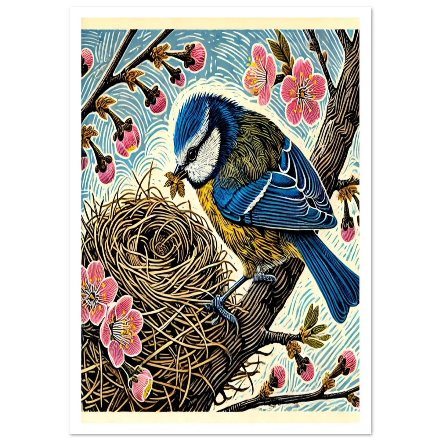 This hand-crafted artwork captures the beauty of a Blue Tit gathering materials for its nest, framed by delicate cherry blossom.
