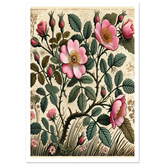 This artwork captures the timeless beauty of the Dog Rose, with its soft pink petals and thorny stems. A true symbol of the English hedgerow, it brings a sense of summer meadows and country walks indoors