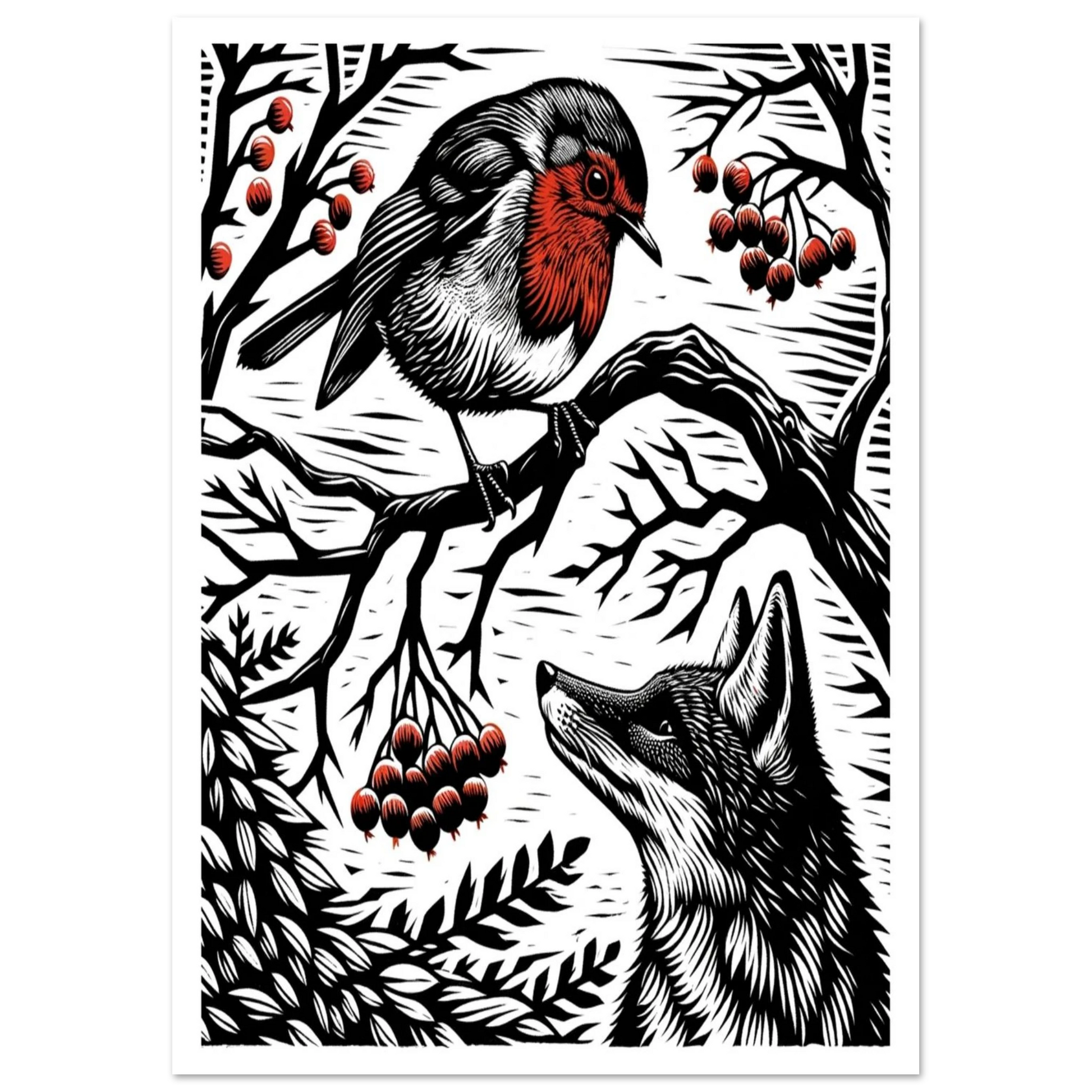 Robin and Fox Staring is a bold black-and-red wildlife print, showing a fox gazing up at a robin perched above. With strong linocut style, it captures a fleeting woodland moment.