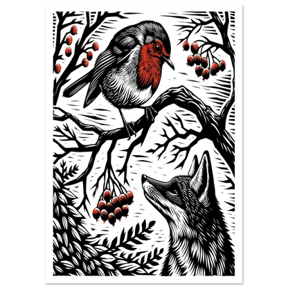 Robin and Fox Staring is a bold black-and-red wildlife print, showing a fox gazing up at a robin perched above. With strong linocut style, it captures a fleeting woodland moment.