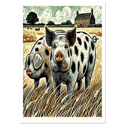 A linocut-style countryside art print of two Old Spot pigs in golden fields. A warm and rustic design evoking farm life.