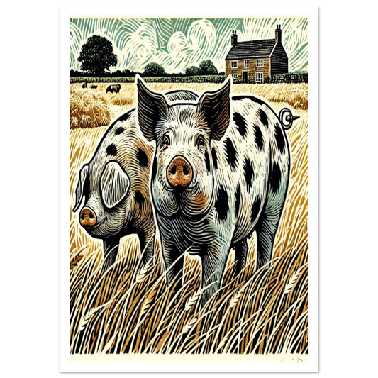 A linocut-style countryside art print of two Old Spot pigs in golden fields. A warm and rustic design evoking farm life.