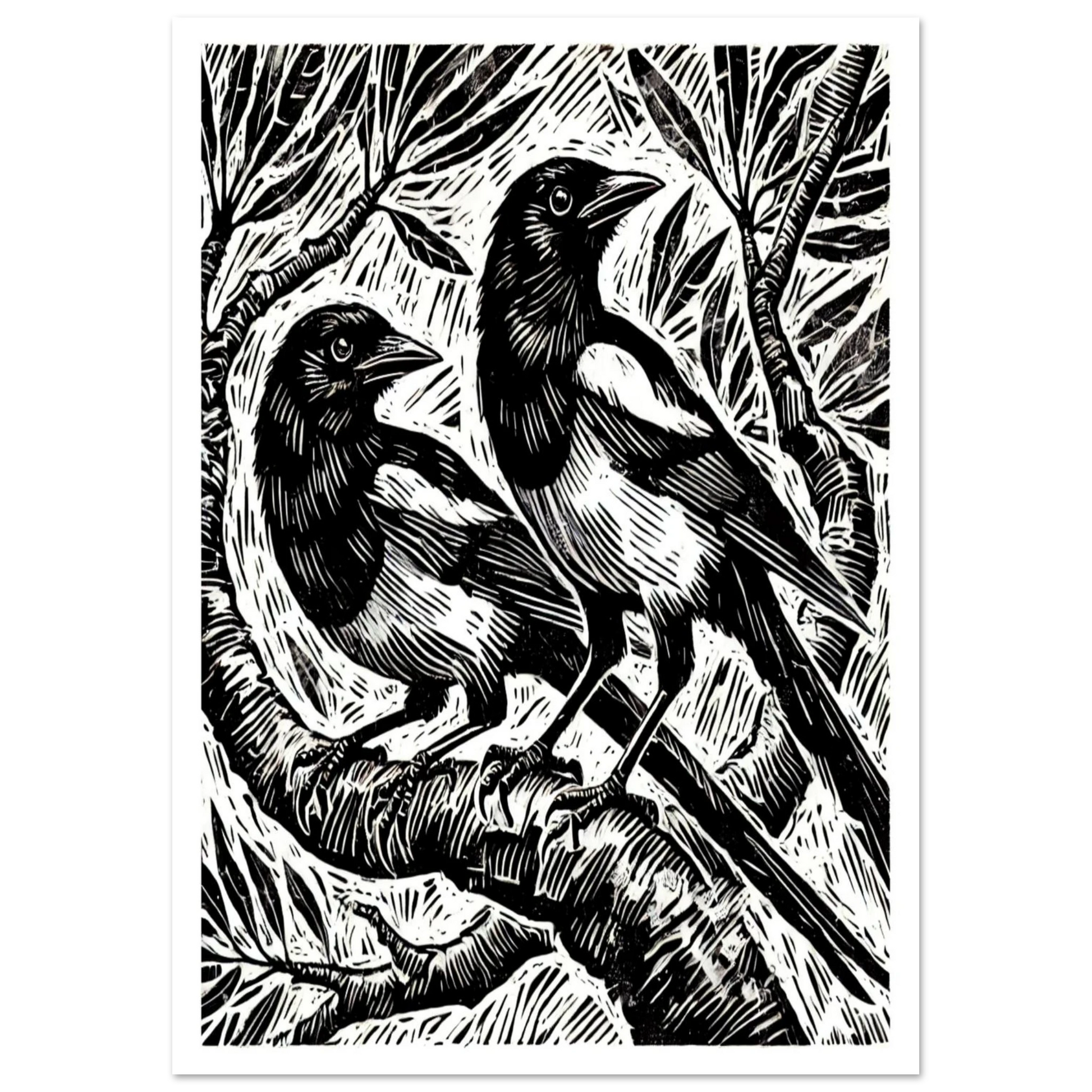 Known for their character and folklore, this image of two Magpies make a bold subject for this linocut-inspired artwork. 