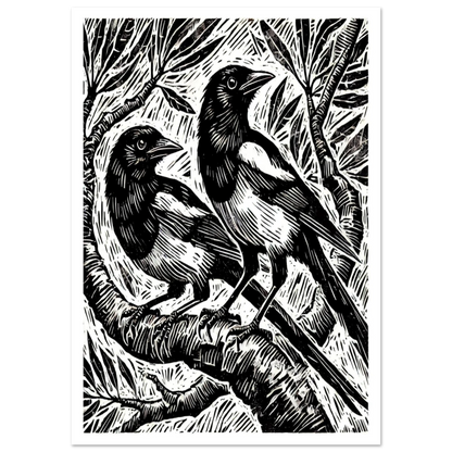 Known for their character and folklore, this image of two Magpies make a bold subject for this linocut-inspired artwork. 