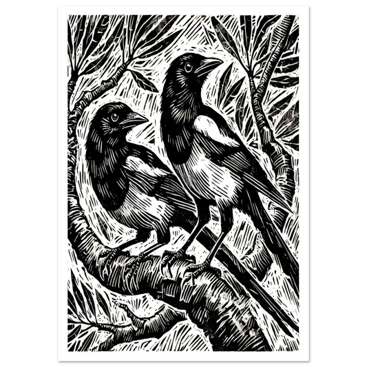 Known for their character and folklore, this image of two Magpies make a bold subject for this linocut-inspired artwork. 