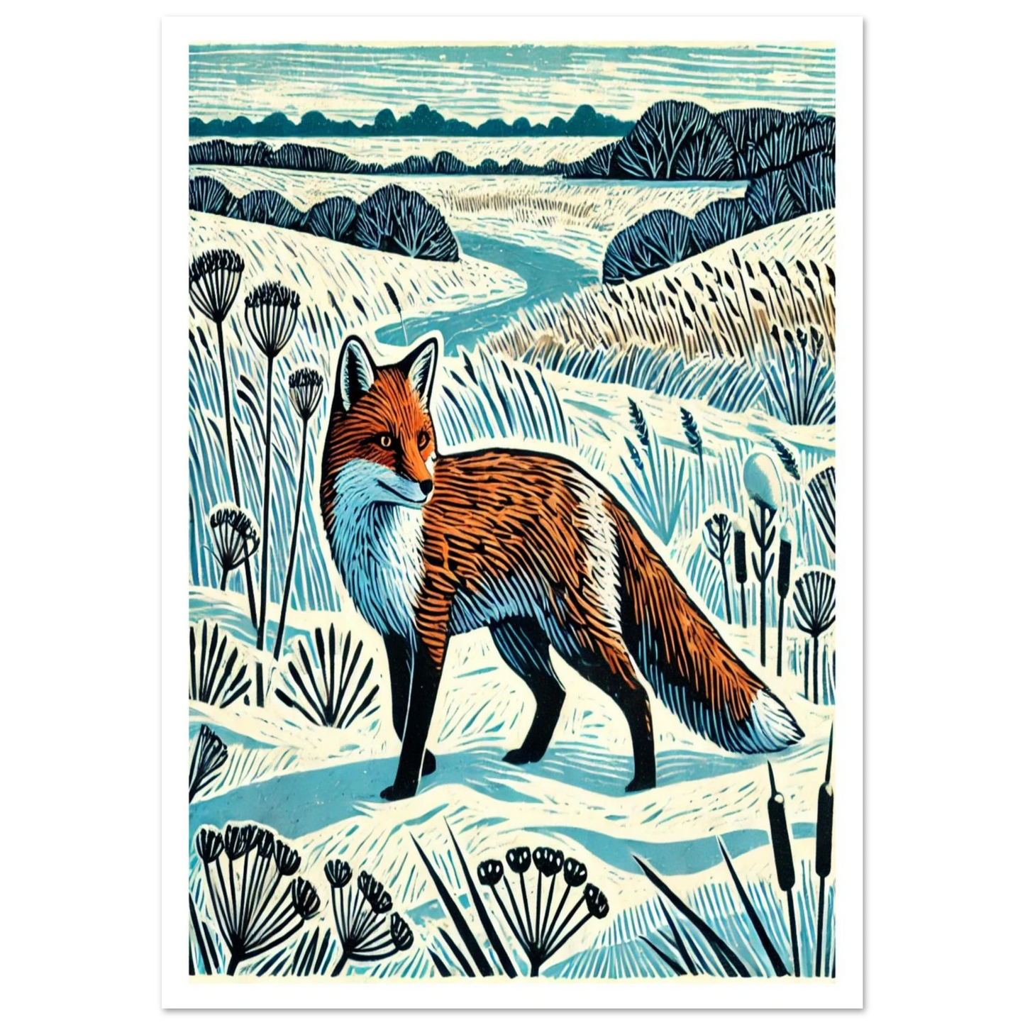 Linocut-inspired art print of a red fox in a snowy countryside landscape. Strong colour contrasts evoke winter beauty.