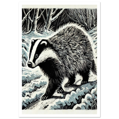 A linocut-inspired art print of a badger walking through a frosty woodland. 